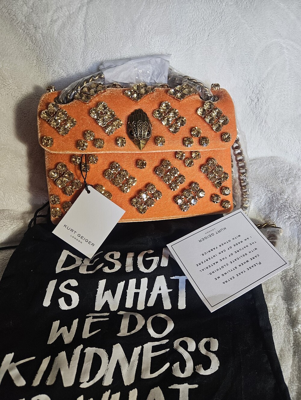 Kurt Geiger Orange Velvet Mini Bag with Crystal Embellishments - Picture 2 of 12